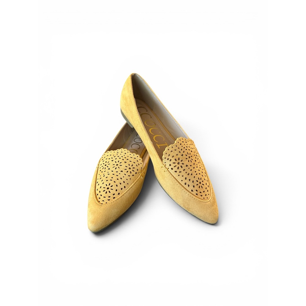 Ccocci Rose Yellow Faux Suede Pointed Toe Laser Cut Scalloped Flats 7.5